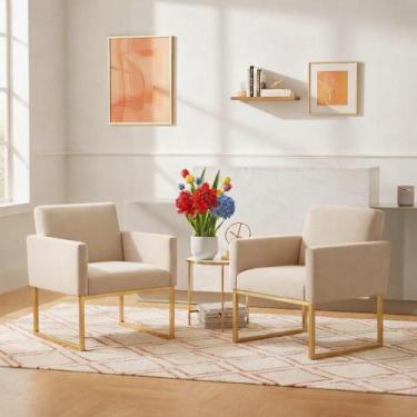 Imagem de Kit 2 Poltronas Reforçada Recepção Base Metálico Dourado - Móveis Mafe
