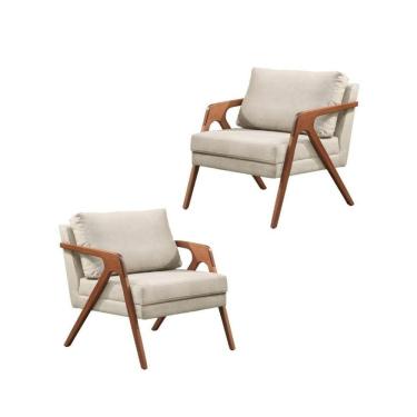 Imagem de Kit 02 Poltronas Decorativas Madeira Maciça Luxo Mona Linho Bege