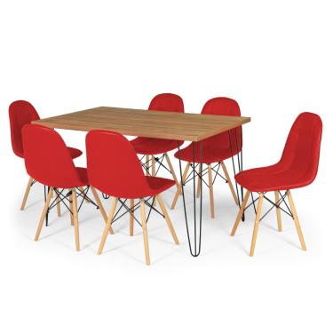 Imagem de Conjunto Mesa de Jantar Hairpin 130x80 Natural com 6 Cadeiras Eiffel Botonê - Vermelho
