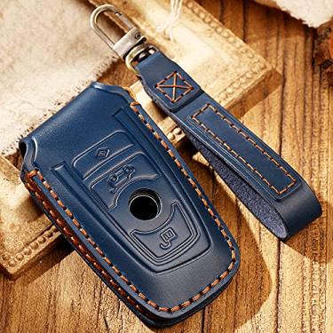 Imagem de Hacreyatu 3 botões Key Fob Cover Case Remote Holder Skin Protector para BMW 1 3 4 5 6 7 Series X3 X4 M4 M5 GT3 GT5 Chaveiro de couro (azul)