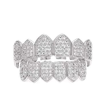 Imagem de HH BLING EMPIRE Grillz de diamantes gelados e prateados para homens e mulheres, grades de hip hop para seus dentes superiores e inferiores, joias de dentes e acessórios da Rapper,