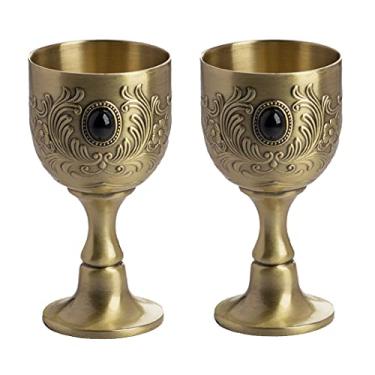 Imagem de VIDAYA Cálice, feito à mão, vintage, cobre puro, gravação, flor, padrão de metal, vinho, cobre, pedras preciosas, taças medievais, cálice gótico medieval, 48 g, pacote com 2