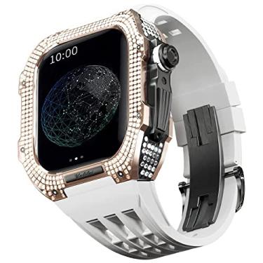 Imagem de TONECY Pulseira de borracha moldura de titânio para Apple Watch 7/6/5/4/SE Apple Mod Watch acessório de substituição titânio luxo capa compatível com série IWatch 44mm com ferramenta