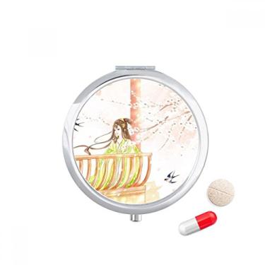 Imagem de Estojo de comprimidos Xinghua Swallow estilo chinês em aquarela para viagem, caixa de armazenamento de medicamentos, dispensador de espelho para presente