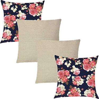 Imagem de Kit 4 Capas de Almofadas Composê Floral Imperial Azul Marinho e Linho 45x45cm