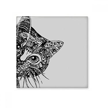Imagem de Pedra adorna de tijolo vitrificado preto cabeça de gato animal cerâmica azulejo brilhante