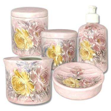 Imagem de Kit Higiene De Banheiro 5 Peças De Porcelana Pintado À Mão Rosas Amare