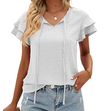 Imagem de Camisetas casuais femininas, gola redonda, manga curta, manga curta, pulôver, blusa de verão, branca, XGG (busto: 122 cm)