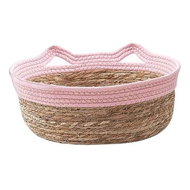 Imagem de Baoblaze Cesta de cama de gato tecida à mão Cestas para arranhar feitas à mão, resistente ao desgaste, linda esteira para arranhar, cama de dormir para gatos, Rosa M