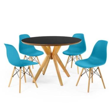 Imagem de Conjunto Mesa de Jantar Redonda Marci Premium Preta 100cm com 4 Cadeiras Eames Eiffel - Turquesa