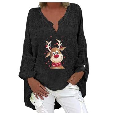 Imagem de Camisas De Manga Longa Feminina/Pescoço De Natal Tops Elk Letra Impressão Moletons De Moletons