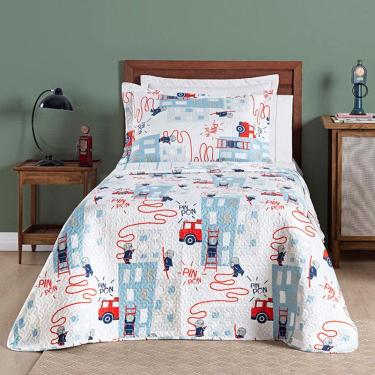 Imagem de Kit Cobre Leito Colcha Solteiro Infantil Fantasy Dupla Face Microfibra 2 Peças - Bombeiro Branco