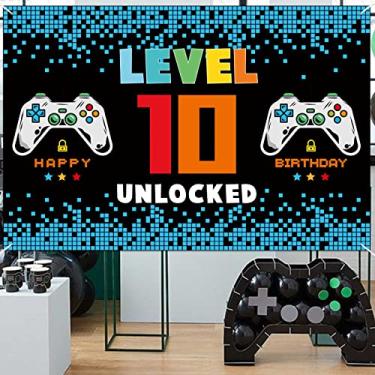 Imagem de 1,2 x 1,8 m Banner de decoração de festa de videogames Happy 10th Birthday Azul e Preto - Nível 10 Desbloqueado Photo Booth Pano de fundo Suprimentos de festa para meninas e meninos