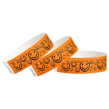 Imagem de Pulseiras Tyvek de 3/4 polegadas com rosto sorridente da WristCo, Neon Orange, 500 Count