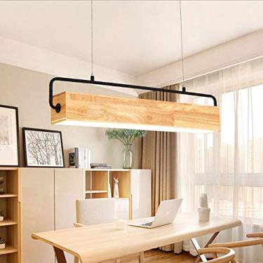 Imagem de Luminária pendente de teto LED de madeira para sala de jantar retangular design elegante luminária pendente moderna para sala de estar quarto lustre com altura ajustável preta decoração pendente