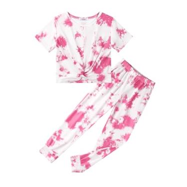 Imagem de Arshiner Conjuntos de roupas para meninas tie dye frente torcida tops e calças de moletom roupas esportivas agasalhos 4-13 anos, Rosa e branco, 6-7 Anos