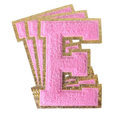 Imagem de 3 peças de remendos de letras de chenille rosa glitter ferro em remendos de letras universitárias remendo bordado de chenille costurar em remendos para roupas chapéu bolsas jaquetas camisa (rosa, E)