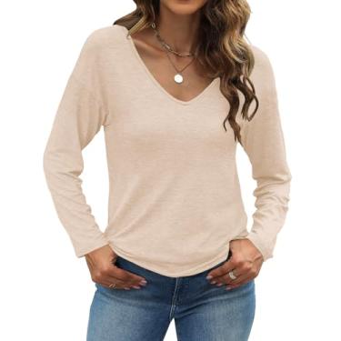 Imagem de Sherosa Camisetas femininas com gola em V, meia manga, caimento solto, casual, lisa, básica, Creme B, P