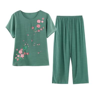 Imagem de Roupas de verão femininas de algodão e linho, conjunto de 2 peças, manga curta, estampa floral, calças de treino, Verde, G