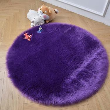 Imagem de duduta Tapete redondo de pele de carneiro sintética roxa 1,2 x 1,2 m, pele felpuda fofa quarto de berçário infantil para sala de jogos, decoração de dormitório, antiderrapante, lavável
