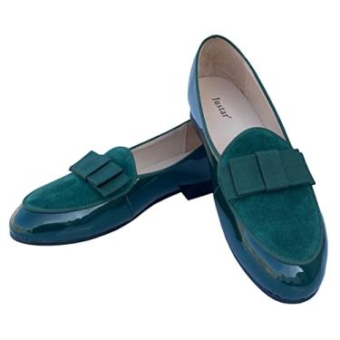 Imagem de Justar Mocassins masculinos de couro belgas formais sapatos sociais banquete com gravata borboleta Penny Flats Slip-On Smoking Pantufa Preto, Verde, 41