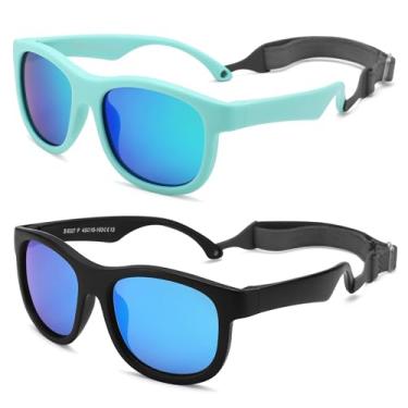 Imagem de LIU·WEN Óculos de sol polarizados fofos para bebês com alça - armação flexível para bebês recém-nascidos de 0 a 24 meses, A5 verde/verde espelhado + preto/azul espelhado, Medium