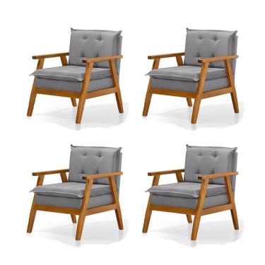 Imagem de Kit 4 Poltronas Sala de Estar Base em Madeira Maciça Linho Cinza Veneza