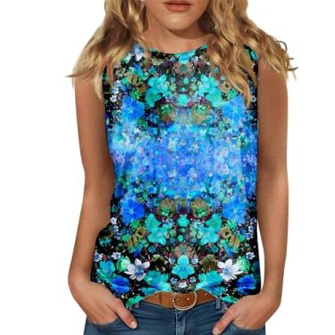 Imagem de Regatas frente única para mulheres, gola alta, sem mangas, estampa floral, camisetas casuais de verão 2024 Boho Dressy Vest, Azul-celeste, 3G