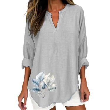Imagem de Camiseta feminina de linho, gola V, manga comprida, estampa floral, folgada, casual, elegante, Cinza, 3G