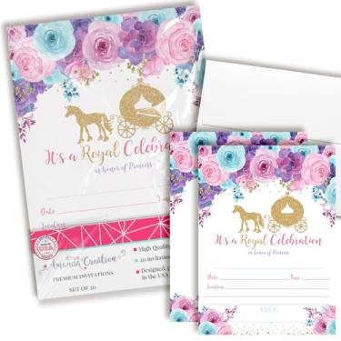 Imagem de Convites de festa de aniversário para meninas com glitter de ouro floral em aquarela, carrinho de princesa, 20 cartas de preenchimento de 12,7 cm x 17,78 cm com vinte envelopes brancos da AmandaCreation