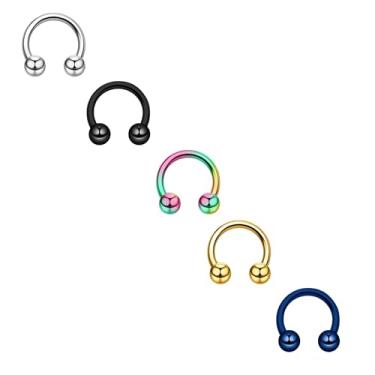 Imagem de 5 peças, cor preta prateada, dourado, azul, 16G, 1,2 mm, aço de titânio, aço cirúrgico, septo, aço inoxidável, ferradura, septo, piercing de nariz em forma de U, joia de septo para mulheres de 6 mm,