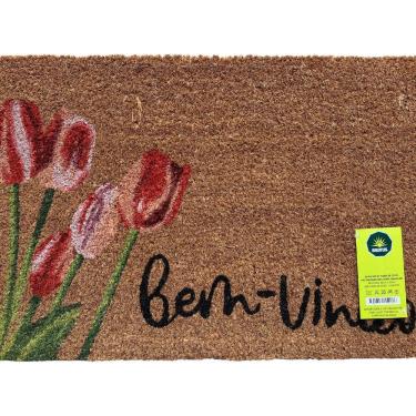 Imagem de Capacho de Fibra de Coco Pvc Pintado Bem Vindo Tulipas 40cm X 60cm Bege / Rosa