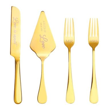 Imagem de GURUDAR Conjunto de faca e servidor de bolo de casamento com garfos, conjunto de 4 peças de corte de bolo de casamento para presentes de chá de panela, suprimentos de festa premium para noivado,