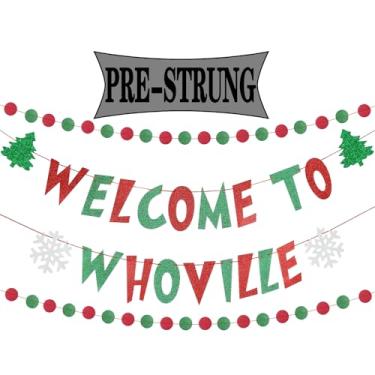 Imagem de Faixa pré-amarrada Welcome To Whoville Decorações de Natal, linda placa de banner com 2 peças de serpentinas vermelhas e verdes para decorações de festa de Natal, lareira de Natal, decoração de festa