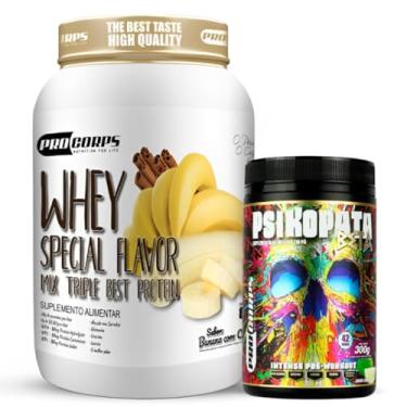 Imagem de Whey Protein 840g - 21g Proteína - Zero Açúcar + Pré Treino Psikopata Beta Limão 300g - Pro Corps (840g, Banana Flambada com Canela)