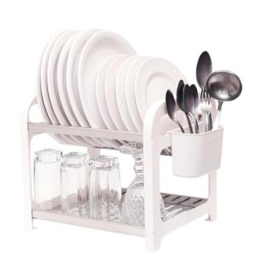 Imagem de Escorredor 12 Pratos Inox Branco Com Porta Talheres - Domum