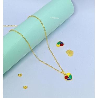 Imagem de Kit Colar + Brincos Autismo com Pingente Coração quebra cabeça Folhead
