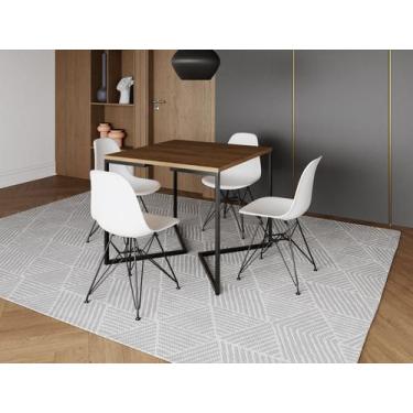 Imagem de Mesa Industrial Base Ferro Preto em  V  Tampo 90x90 Amendoa  4 Cadeira