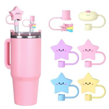 Imagem de 6 peças de capas de canudo de silicone para copo Stanley – design de estrelas e nuvens, tampas reutilizáveis com ponta de canudo para copos Stanley de 850 g e 1,134 g, compatível com canudos de 10 mm