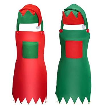 Imagem de HOVEOX 4 peças avental de elfo de Natal e chapéu de elfo conjunto de avental e chapéu de elfo avental de elfo e chapéu para suprimentos de festa de Natal, Vermelho e verde, P