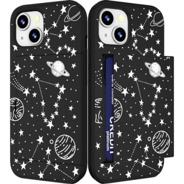 Imagem de IWONE Capa compatível com iPhone 14/15 Plus fofa com porta-cartões à prova de choque Slim Slot Phone 14/15 Plus capa carteira para mulheres/estrelas brancas universo planetas galáxia cosmo