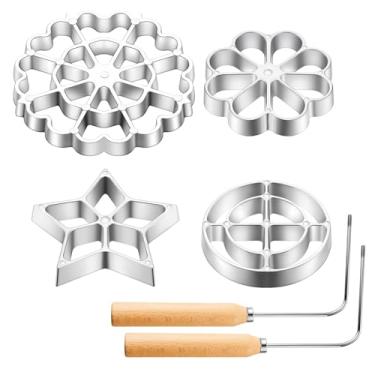 Imagem de Ziliny Conjunto de 6 moldes de ferro de roseta para bunuelos com alça, kit para fazer carimbos de cozinha, cortador de biscoitos, máquina de waffle de liga de alumínio com 3 cabeças intercambiáveis e