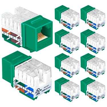 Imagem de VCELINK RJ45 Cat6 Keystone Jacks Slim Profile UL-Listed pacote com 10, adaptador de conector Keystone de 90 graus Ethernet Punch Down em verde