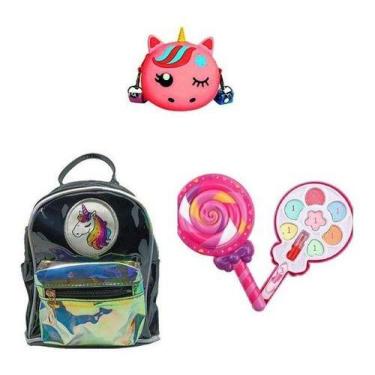 Imagem de Mochila Preta Unicórnio, Bolsa E Maquiagem Pirulito Infantil - BD Net 