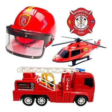 Imagem de Kit Caminhão Bombeiro Helicóptero Brinquedo Grande Presente - Grupo Di