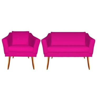 Imagem de Kit Namoradeira + 1 Poltrona Decorativa Agatha Couro Rosa Pink Pés Mad