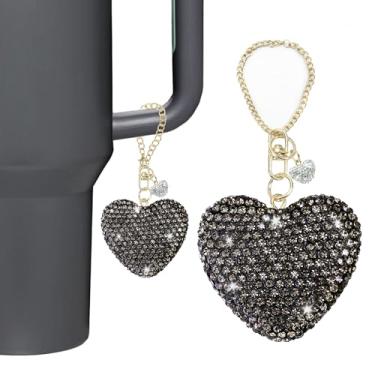 Imagem de Etyishe Compatível com acessórios Stanley Cup, pingente de coração com glitter preto para copo Stanley com alça, chaveiro fofo brilhante para garrafas de água Stanley Copo de 104 e 850 ml para meninas