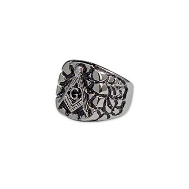 Imagem de Anel maçônico de aço inoxidável com acabamento prateado quadrado e bússola Prata