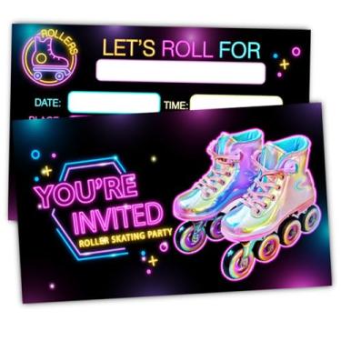 Imagem de XIAOPNN Convite de festa de aniversário de patinação neon para meninas, suprimentos de festa de aniversário de patins de gelo infantis, 30 cartões com 30 envelopes