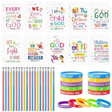 Imagem de 60 peças de presentes bíblicos cristãos para crianças, blocos de notas de versículo da Bíblia a granel com pulseira de silicone para lápis, mini caderno, religioso, kit de lápis de oração diária,